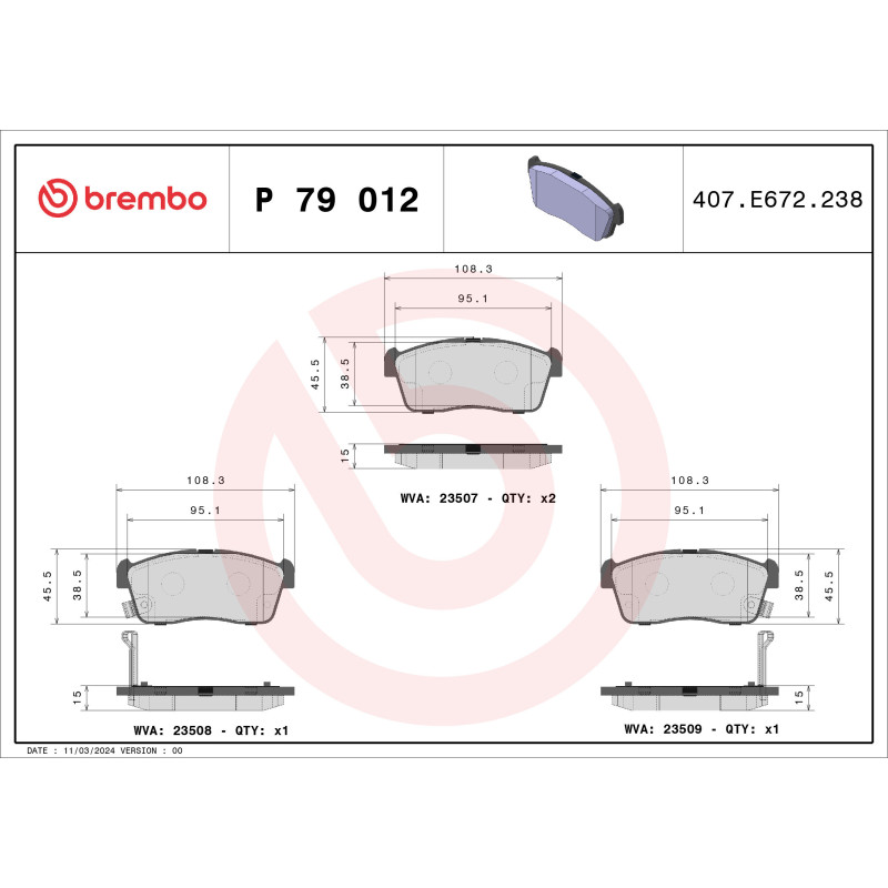 BREMBO P 79 012 Pastiglie freno anteriore per Sirion Ignis Alto Cuore Carry Copen bB Cruze Justy