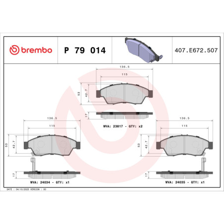 BREMBO P 79 014 Plaquettes de frein avant pour Suzuki Liana