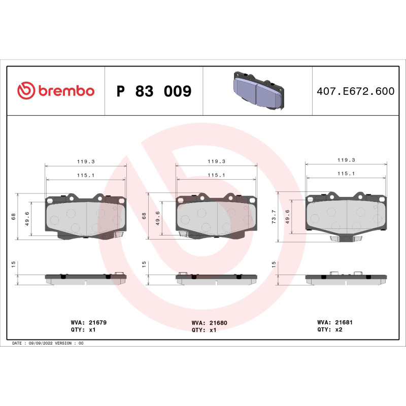 BREMBO P 83 009 Plaquettes de frein avant pour Hilux Land Cruiser 4 Runner Taro Tacoma