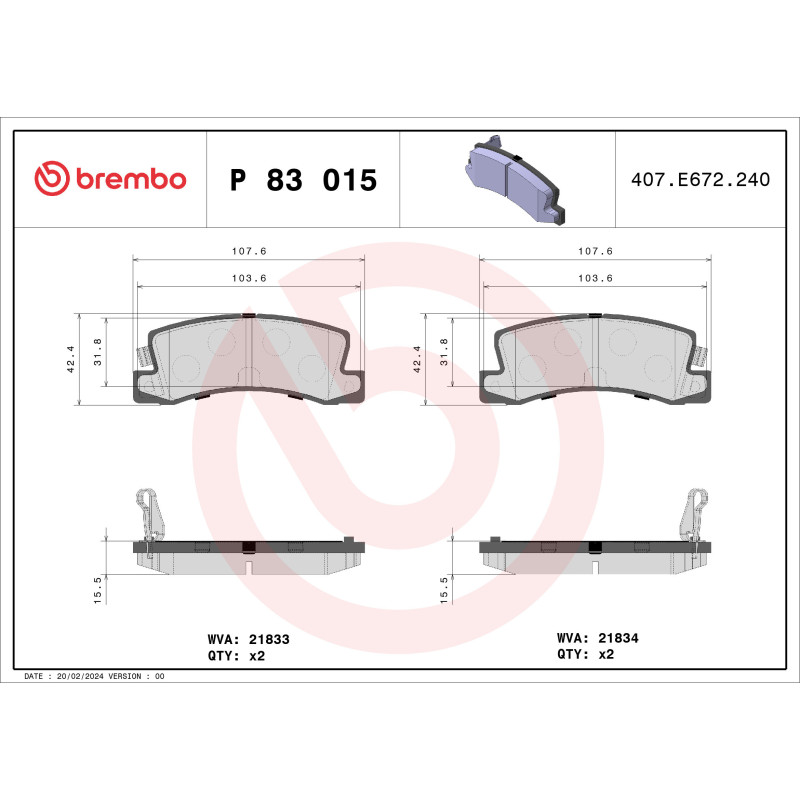 BREMBO P 83 015 Pastiglie freno posteriore per Corolla Avensis Camry Celica Harrier Carina E RX ES