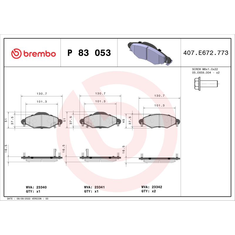 BREMBO P 83 053 Brake Pads Set Front for Toyota Yaris