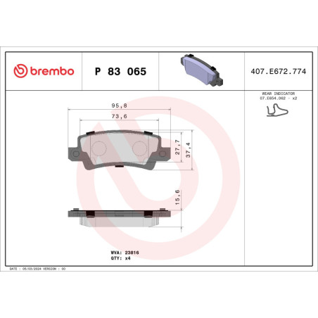 BREMBO P 83 065 Plaquettes de frein arrière pour Toyota Corolla