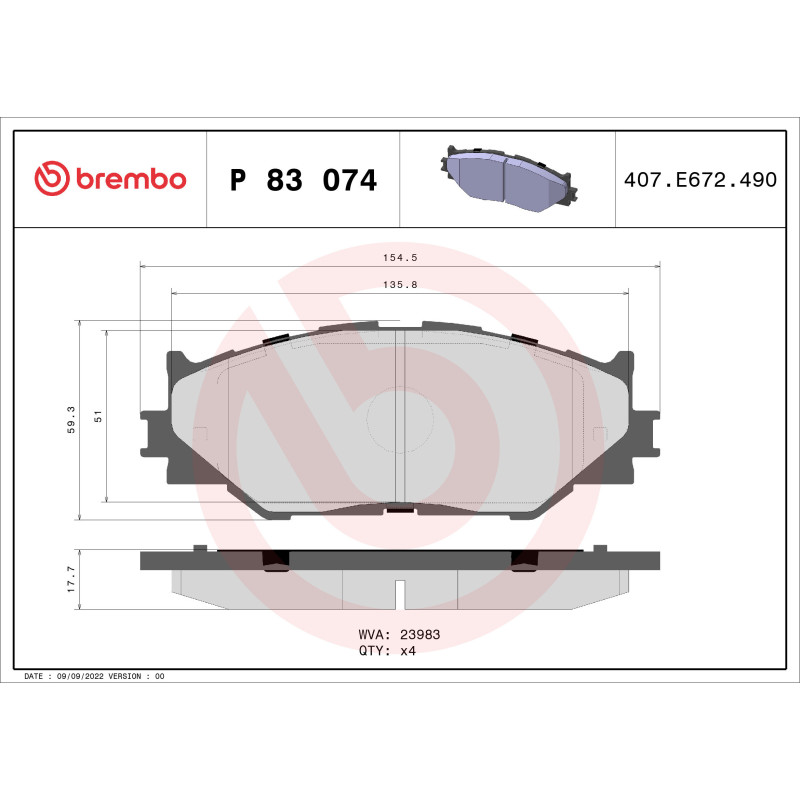 BREMBO P 83 074 Brake Pads Set Front for Lexus IS