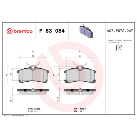 BREMBO P 83 084 Brake Pads Set Rear for Toyota Avensis Corolla