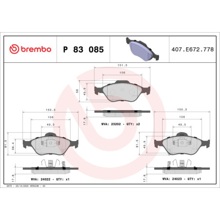 BREMBO P 83 085 Brake Pads Set Front for Yaris Charade