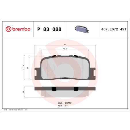 BREMBO P 83 088 Pastiglie freno posteriore per Highlander Camry ES Wish