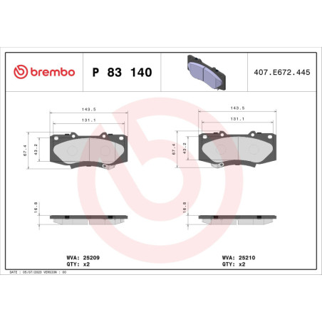 BREMBO P 83 140 Bremsbeläge Vorne für Toyota Hilux Fortuner