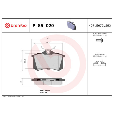 BREMBO P 85 020 Pastiglie freno posteriore per A4 A6 A3 307 Fabia Ibiza Leon C4 Toledo Berlingo A8