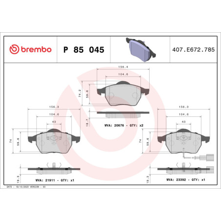 BREMBO P 85 045 Pastiglie freno anteriore per Golf Bora TT New Octavia A3 Leon Toledo Passat Vento
