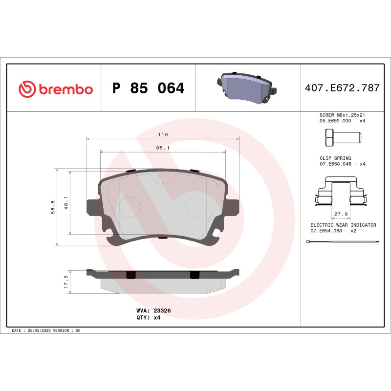 BREMBO P 85 064 Brake Pads Set Rear for Phaeton Continental