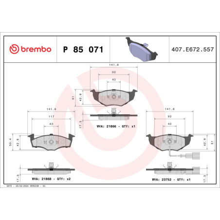 BREMBO P 85 071 Brake Pads Set Front for Fabia Polo Roomster