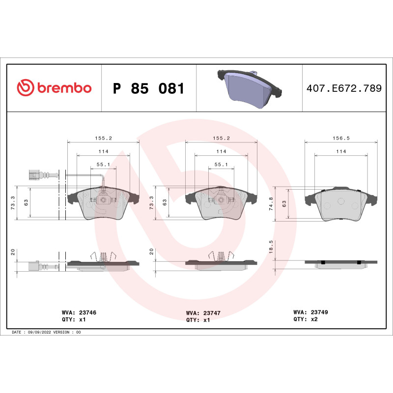 BREMBO P 85 081 Brake Pads Set Front for Transporter Multivan California