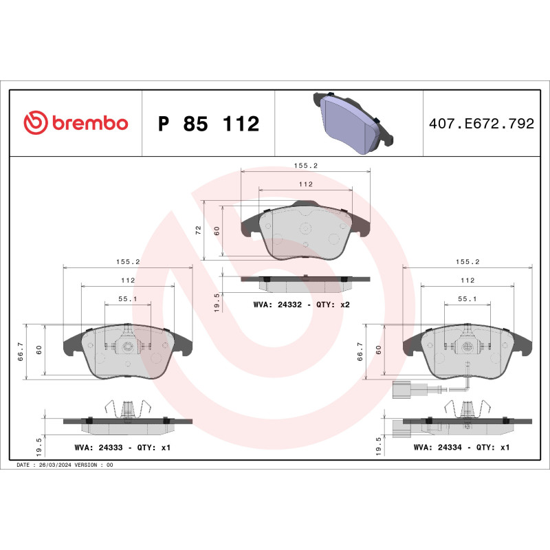 BREMBO P 85 112 Brake Pads Set Front for Tiguan Q3 Sharan Alhambra Passat