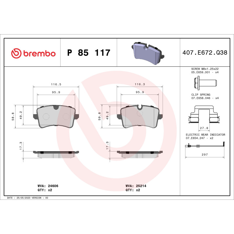 BREMBO P 85 117 Brake Pads Set Rear for Audi A6 A7 A8 A4