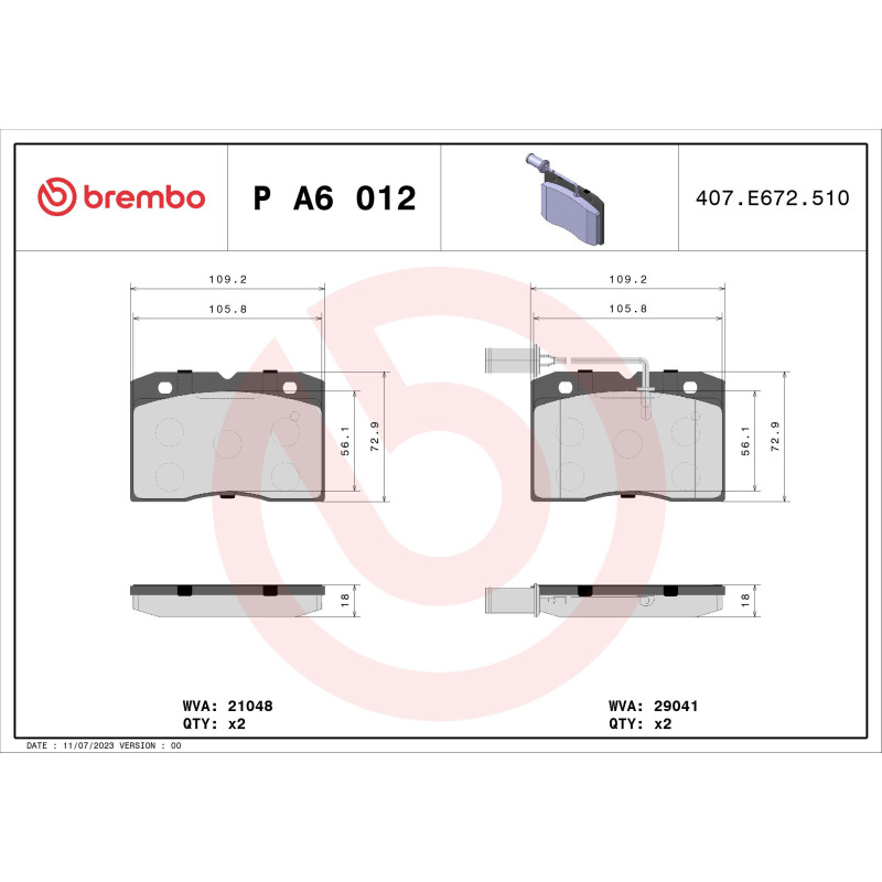 BREMBO P A6 012 Brake Pads Set Front for Iveco Daily