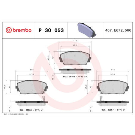 BREMBO P 30 053 Brzdové destičky přední pro Picanto Ray i10