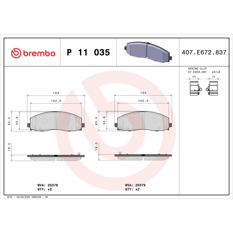 BREMBO P 11 035 Brzdové destičky přední pro Freemont Wrangler Journey Voyager Gladiator Pacifica
