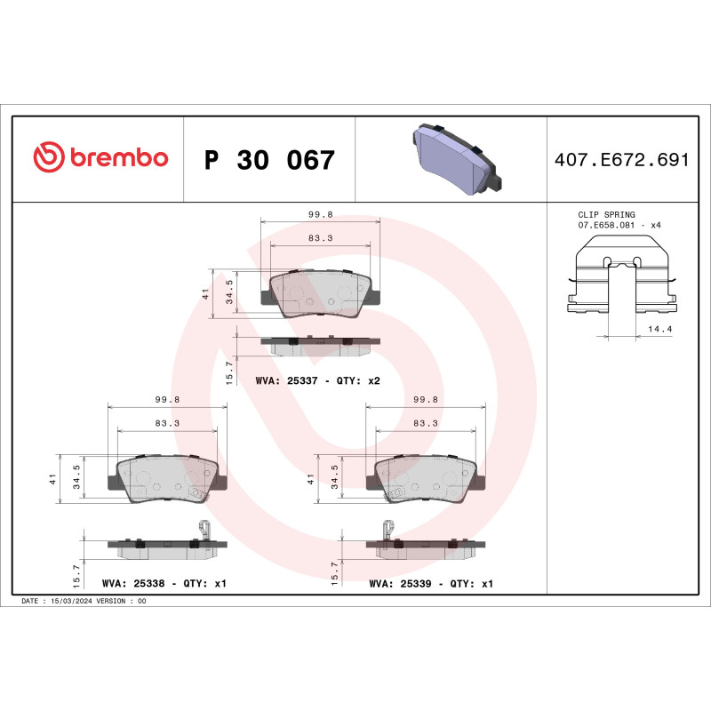 BREMBO P 30 067 Pastiglie freno posteriore per i30 Optima i40 Cee'D Rio Sonata Sportage Accent I20