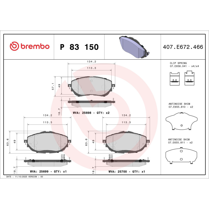 BREMBO P 83 150 Brake Pads Set Front for Toyota Auris Corolla