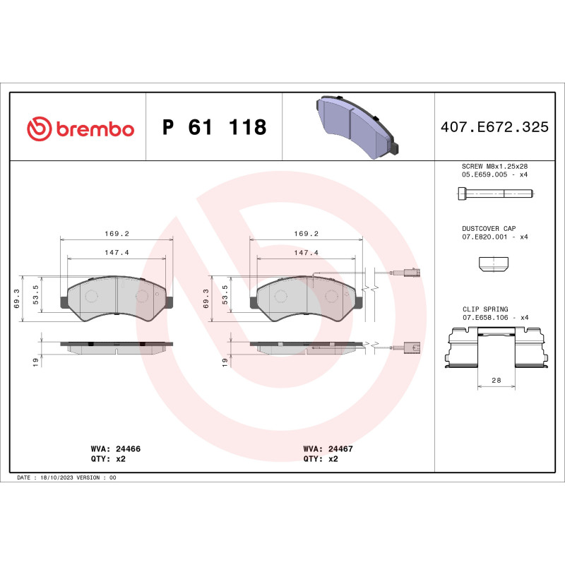 BREMBO P 61 118 Pastiglie freno anteriore per Ducato Boxer JUMPER Movano