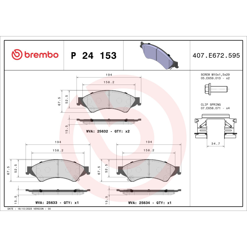 BREMBO P 24 153 Brake Pads Set Front for Ranger BT-50 B