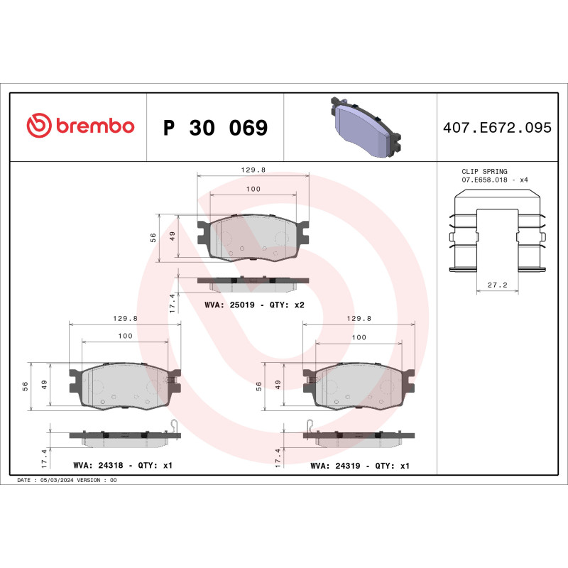 BREMBO P 30 069 Brzdové destičky přední pro Hyundai i20 Accent