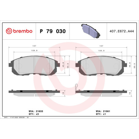 BREMBO P 79 030 Brzdové destičky přední pro Maxima Sentra SX4
