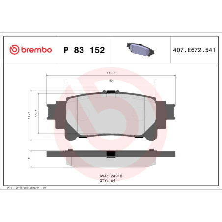 BREMBO P 83 152 Brzdové destičky zadní pro Highlander RX Sienna Fortuner Prius Plus Mirai Sienta
