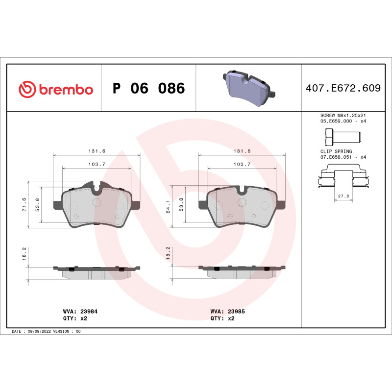 BREMBO P 06 086 Plaquettes de frein avant pour Countryman Paceman Convertible Hatchback Clubman