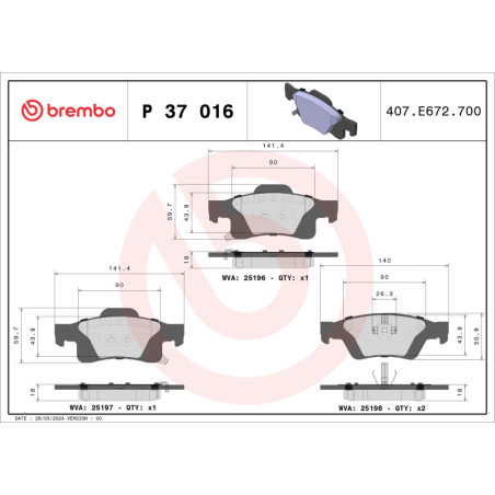 BREMBO P 37 016 Brake Pads Set Rear for Dodge Durango