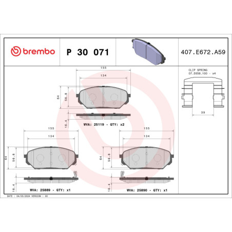 BREMBO P 30 071 Plaquettes de frein avant pour Hyundai ix55