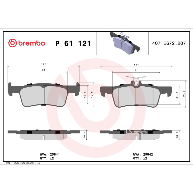 BREMBO P 61 121 Plaquettes de frein arrière pour Peugeot 308