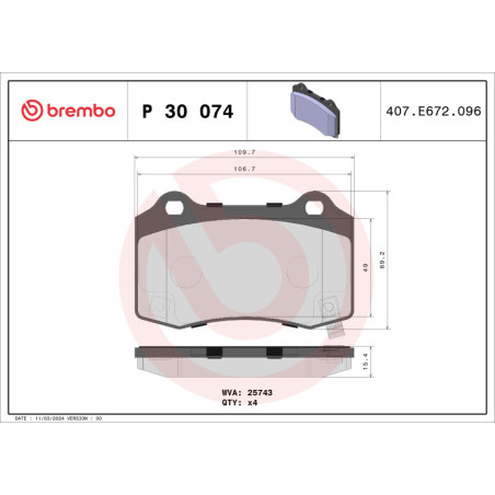 BREMBO P 30 074 Brake Pads Set Rear for Hyundai Genesis