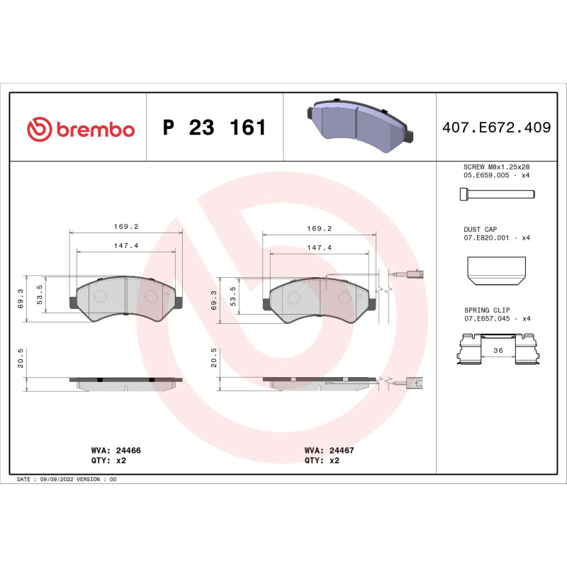 BREMBO P 23 161 Brake Pads Set Front for Ducato JUMPER Movano Boxer