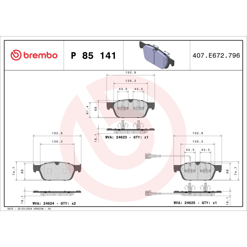 BREMBO P 85 141 Bremsbeläge Vorne für Transporter California Multivan