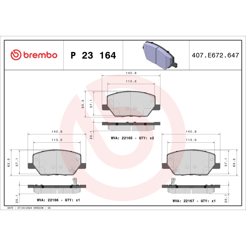 BREMBO P 23 164 Brake Pads Set Front for Compass Renegade 500X Commander