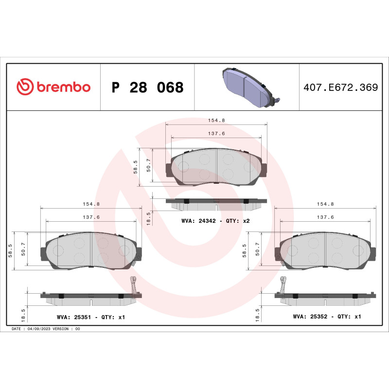BREMBO P 28 068 Brzdové destičky přední pro CR-V H6 Odyssey Crosstour Hover