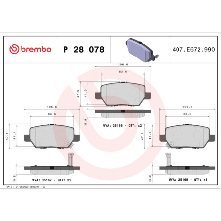 BREMBO P 28 078 Brzdové destičky zadní pro Legend MDX RL