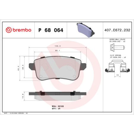 BREMBO P 68 064 Plaquettes de frein arrière pour Talisman Scenic Megane Espace Arkana Juke