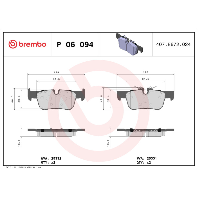 BREMBO P 06 094 Brzdové destičky zadní pro 2 Countryman X1 Clubman X2 1 i3 Hatchback Convertible