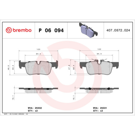 BREMBO P 06 094 Plaquettes de frein arrière pour 2 Countryman X1 Clubman X2 1 i3 Hatchback