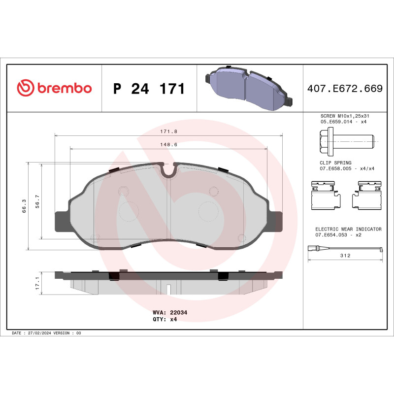 BREMBO P 24 171 Pastiglie freno anteriore per Ford Transit
