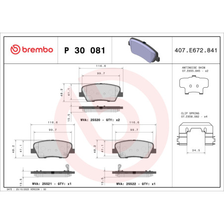 BREMBO P 30 081 Bremsbeläge Hinten für Genesis Santa Fe Stinger Equus G70