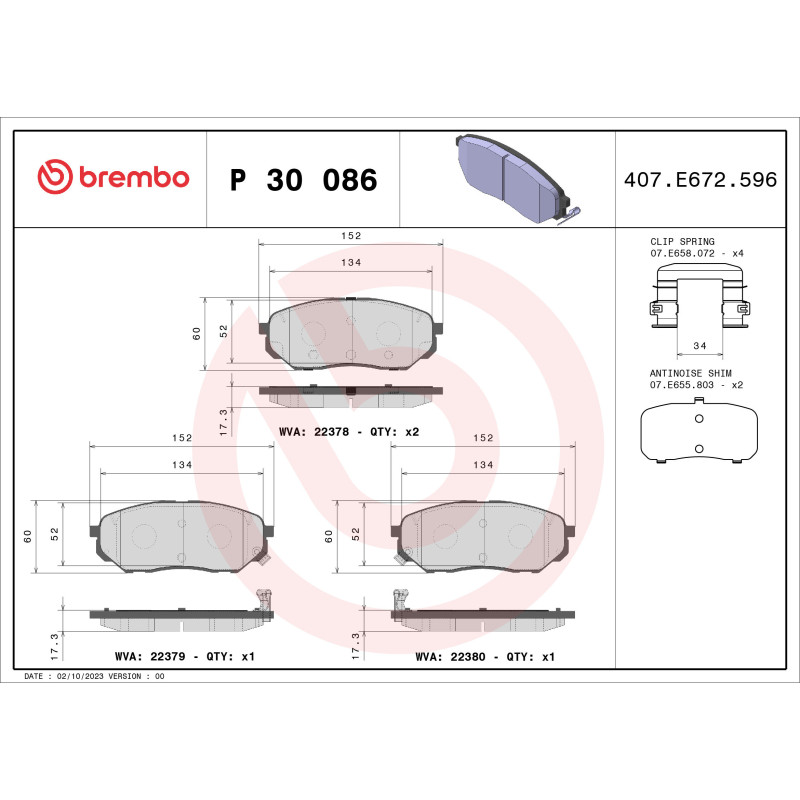 BREMBO P 30 086 Brake Pads Set Front for Sorento Santa Fe