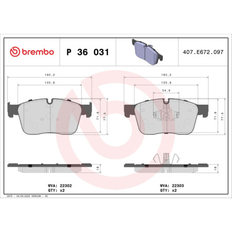 BREMBO P 36 031 Brake Pads Set Front for XF F-Pace XE I-Pace