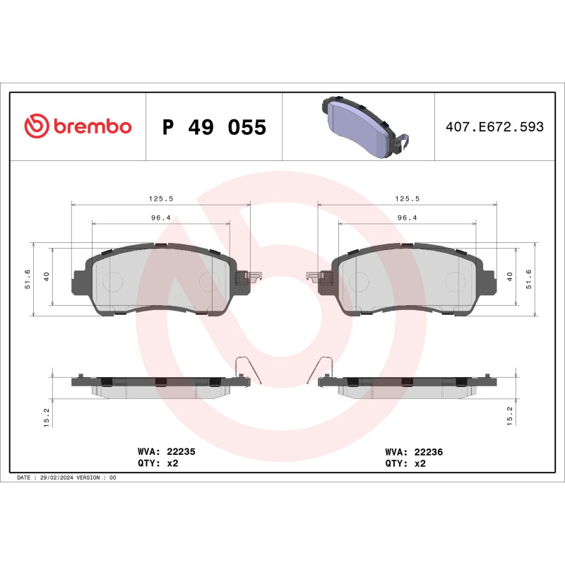 BREMBO P 49 055 Brzdové destičky přední pro 2 Kicks Yaris R / iA