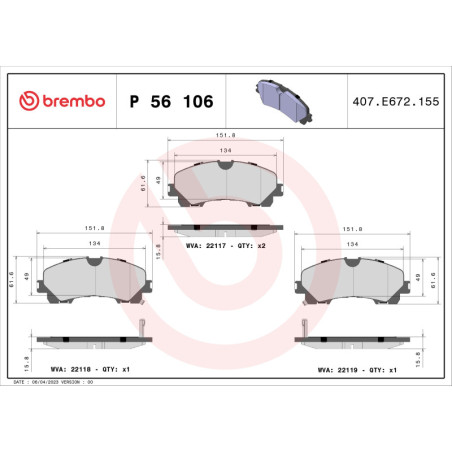 BREMBO P 56 106 Plaquettes de frein avant pour X-Trail Q50 Koleos Q60 QX50 Skyline
