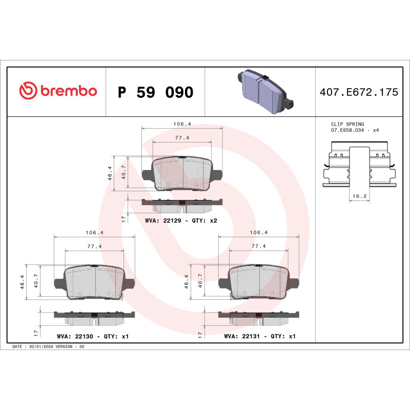 BREMBO P 59 090 Brake Pads Set Rear for Astra Cruze Ampera-E Bolt Volt