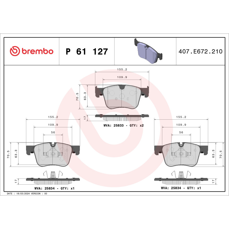 BREMBO P 61 127 Pastiglie freno anteriore per 308 C4 Picasso Grand Picasso Spacetourer