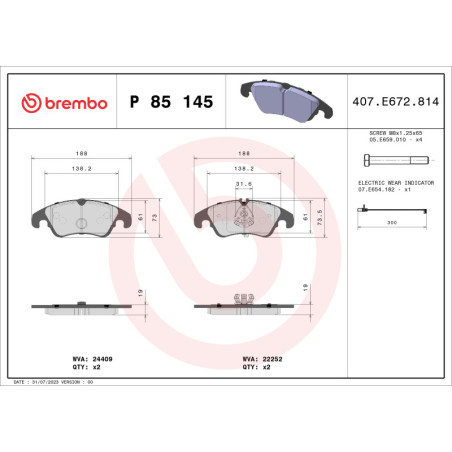 BREMBO P 85 145 Plaquettes de frein avant pour Audi A6 Q5 A7